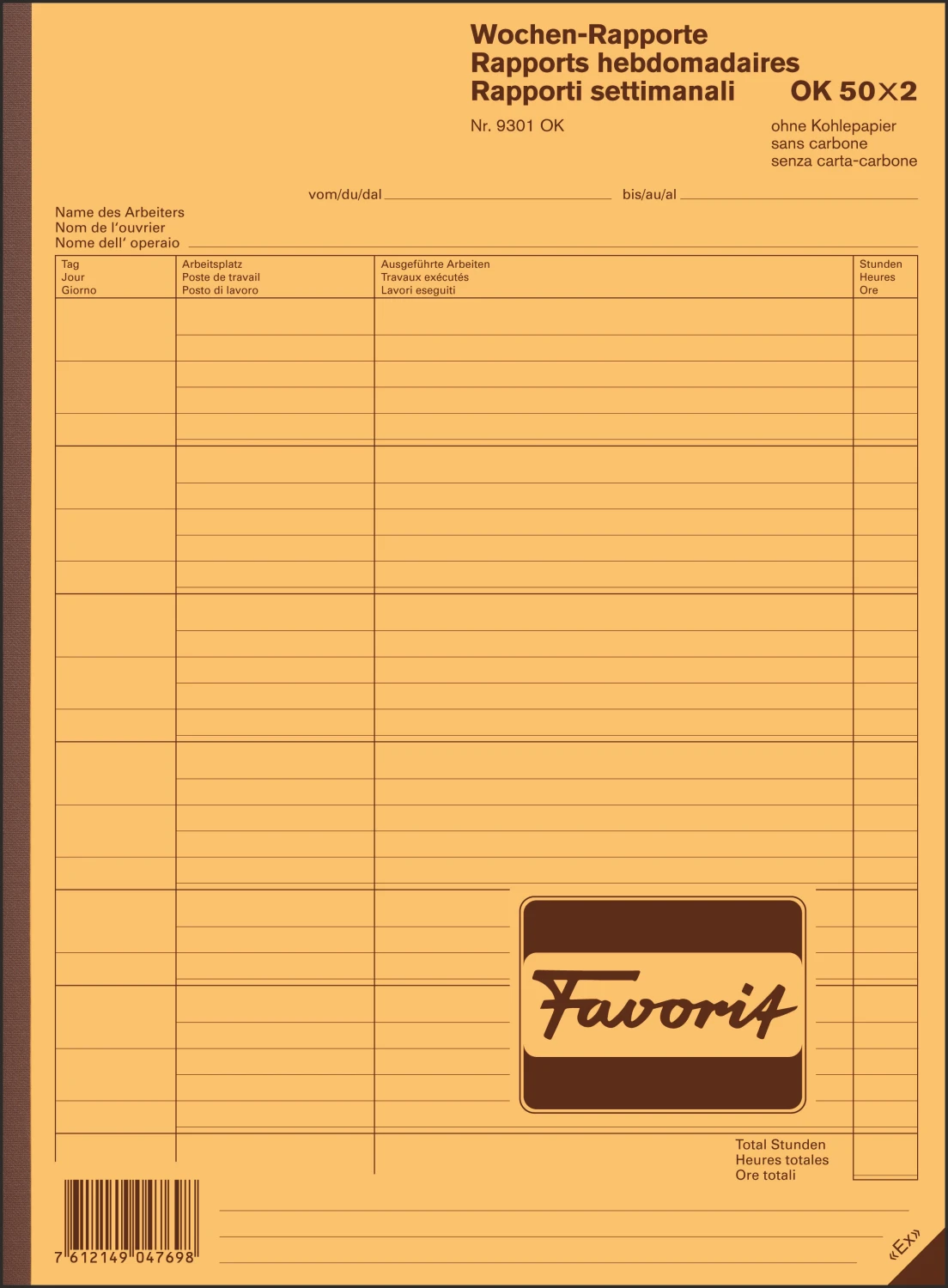 Durchschreibeblock Wochen-Rapporte Favorit Nr. 9301OK