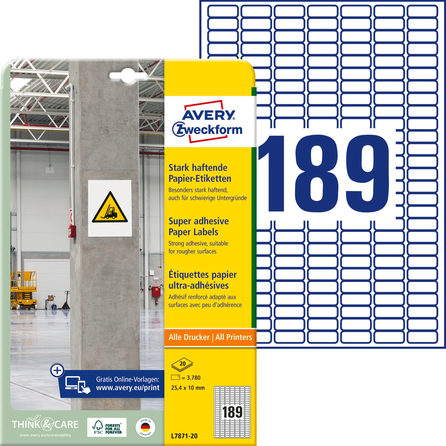 AVERY L7871-20 ZWECKFORM Etiketten, 25.4 x 10 mm, 20 Blatt