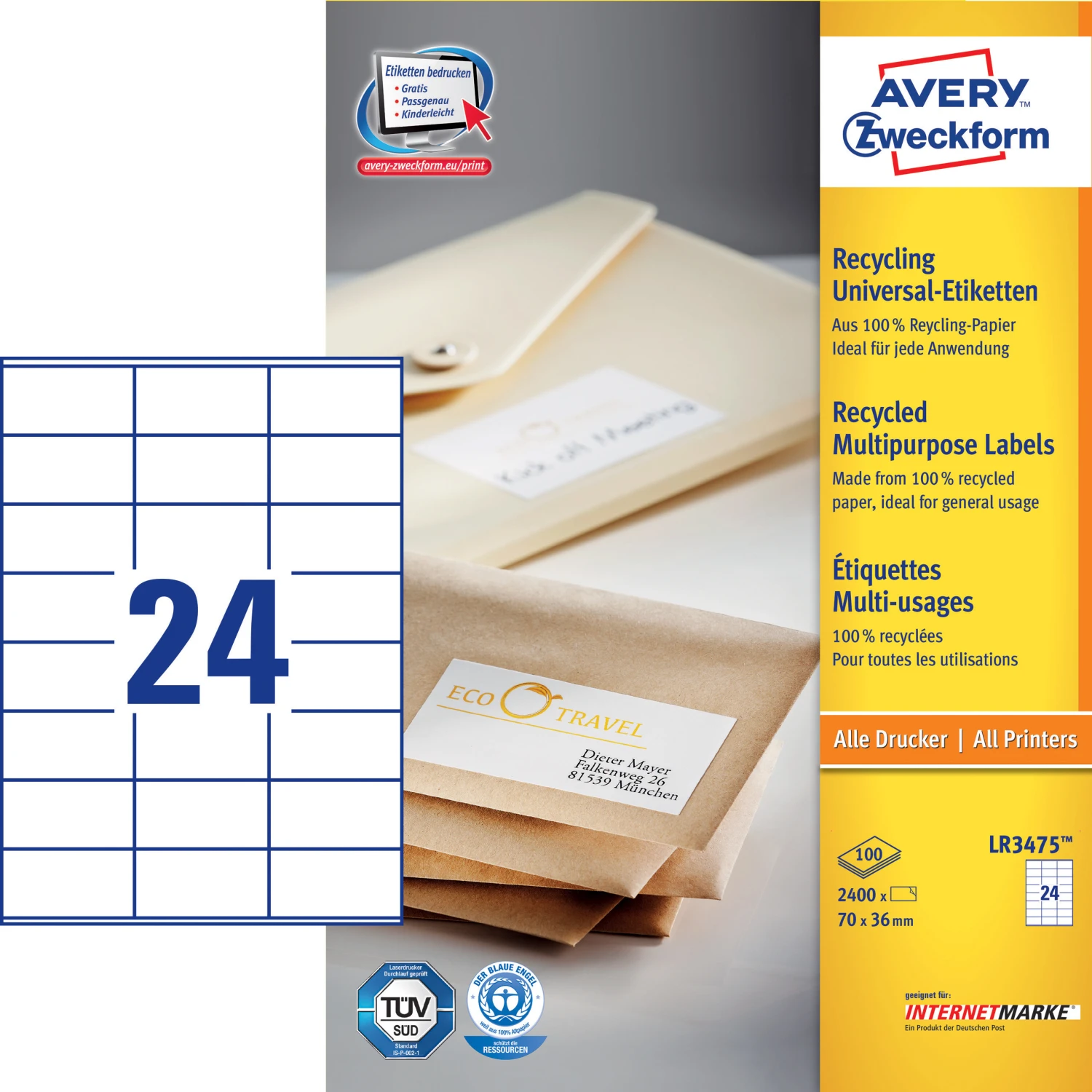 AVERY ZWECKFORM LR3475 Etiketten, 70 x 36 mm, 100 Blatt