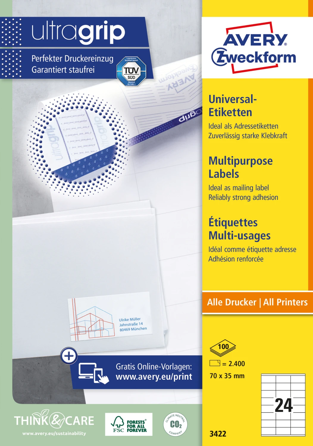 AVERY ZWECKFORM 3422 Etiketten, 70 x 35 mm, 100 Blatt