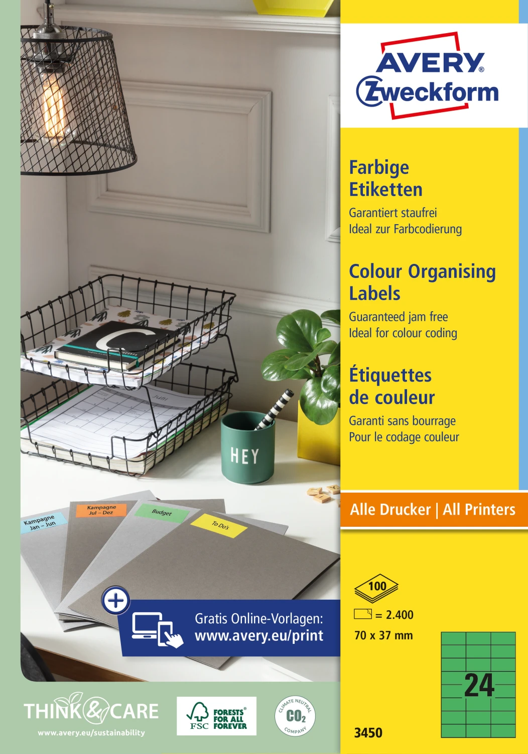 AVERY ZWECKFORM 3450 Etiketten, 70 × 37 mm, 100 Blatt