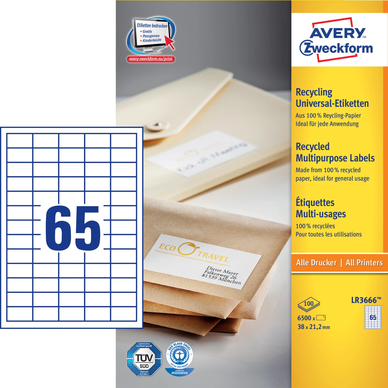 AVERY ZWECKFORM LR3666 Etiketten, 38 x 21.2 mm, 100 Blatt