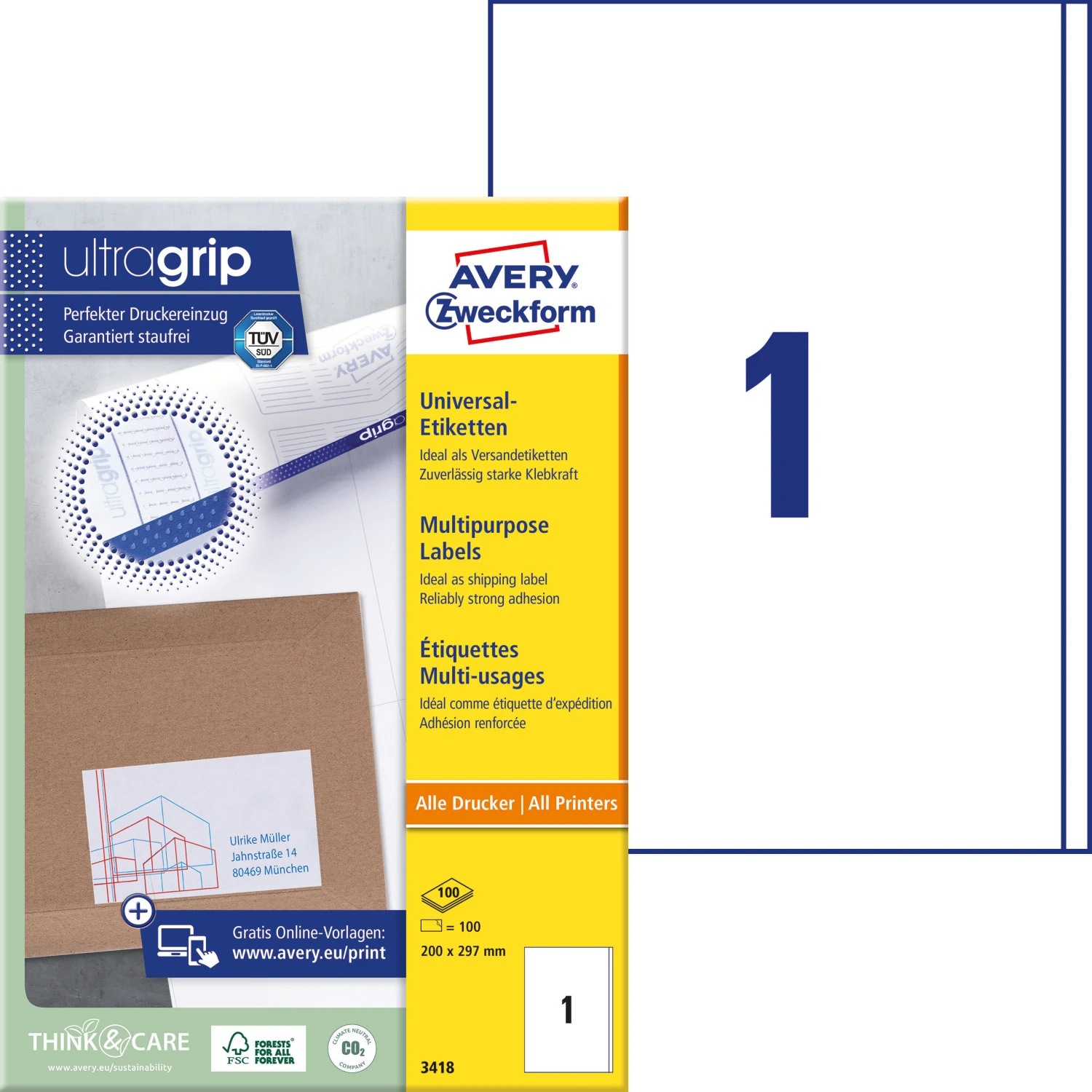 AVERY ZWECKFORM 3418 Etiketten, 200 x 297 mm, 100 Blätter