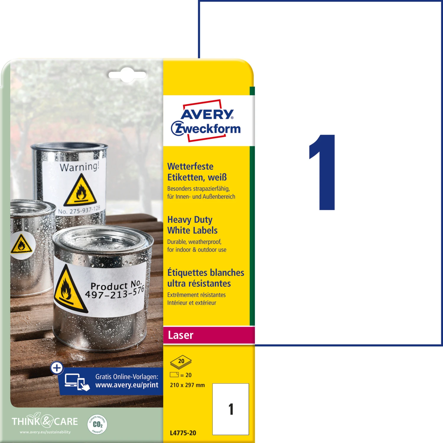 AVERY ZWECKFORM L4775-20 Etiketten, 210 x 297 mm, 20 Blatt