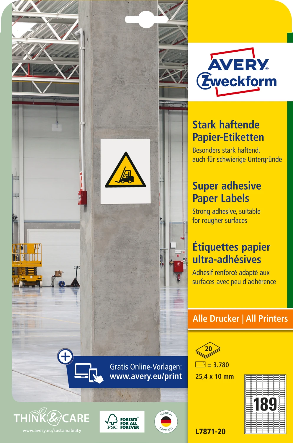 AVERY L7871-20 ZWECKFORM Etiketten, 25.4 x 10 mm, 20 Blatt