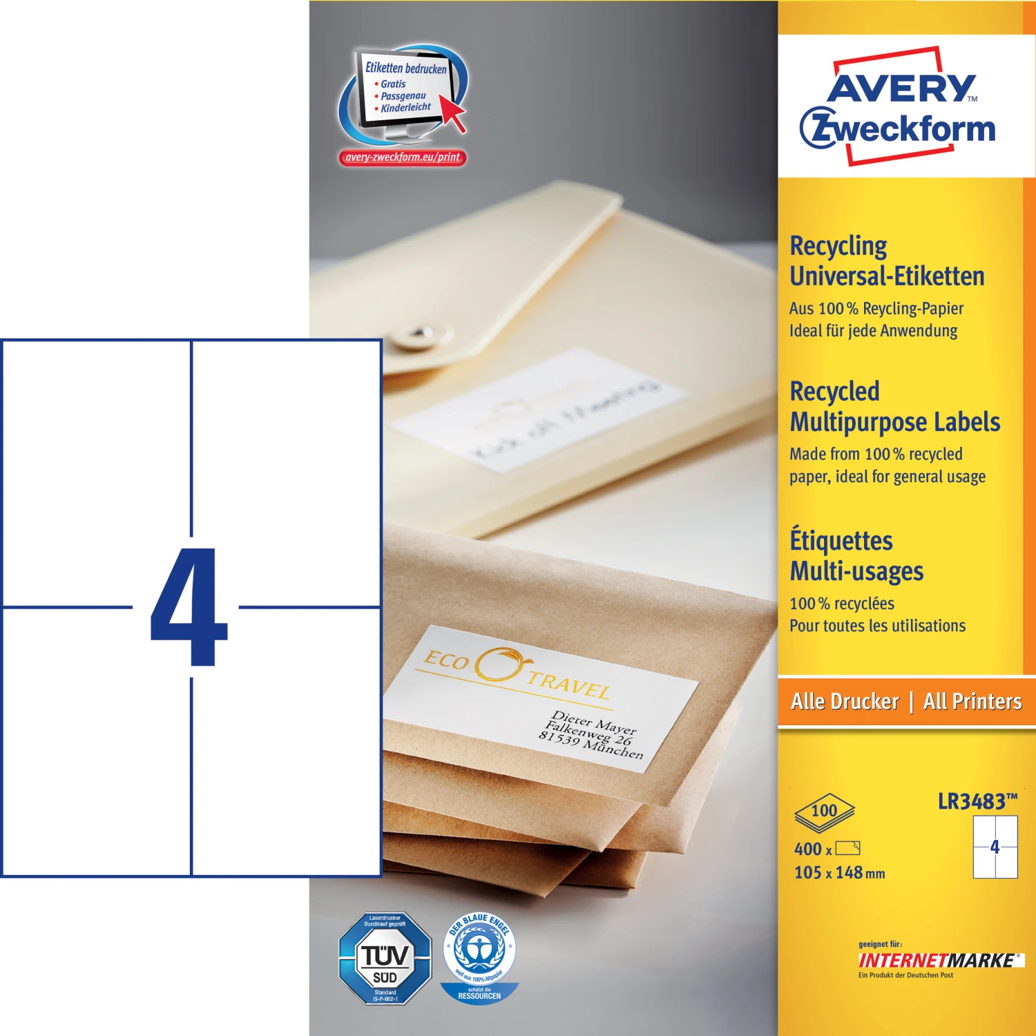 AVERY ZWECKFORM LR3483 Etiketten, 105 x 148 mm, 100 Blatt