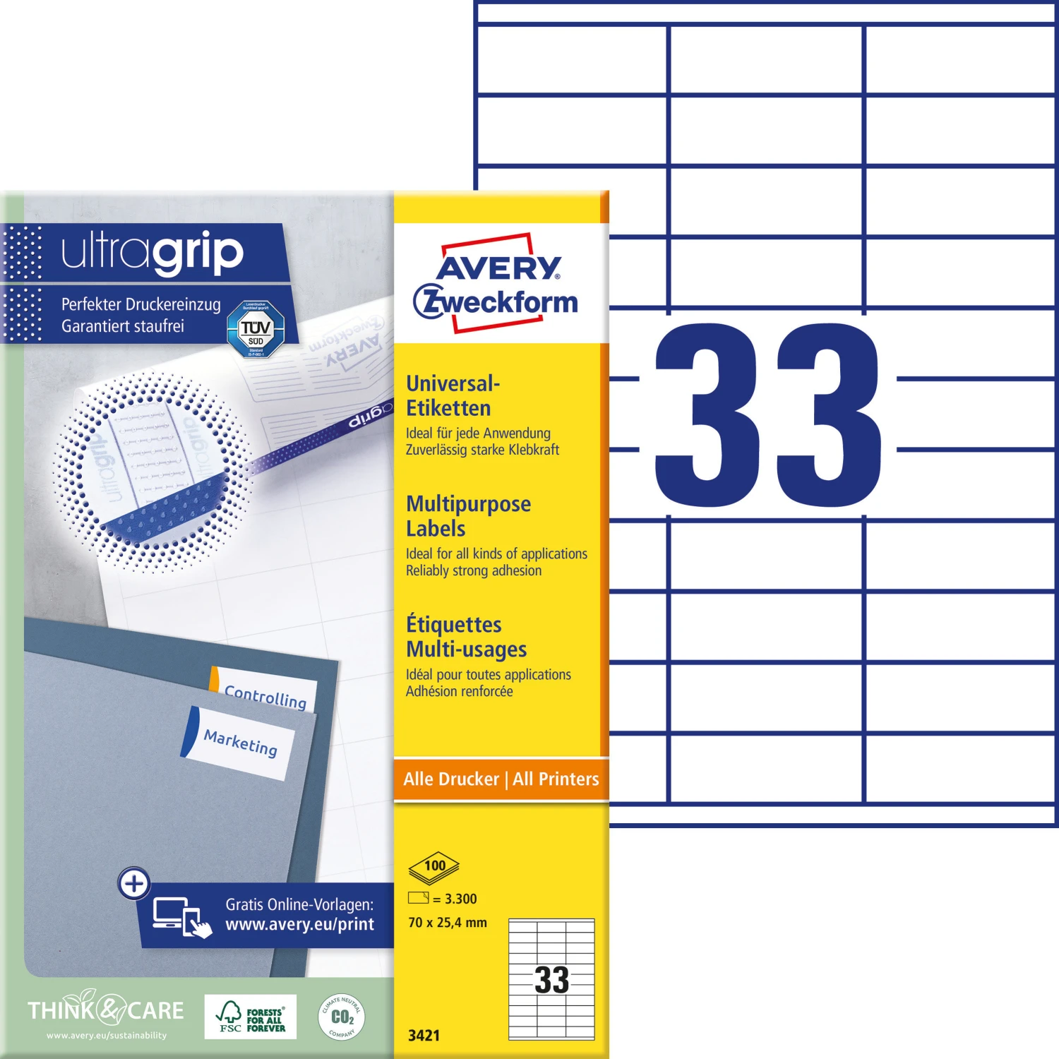 AVERY ZWECKFORM 3421 Etiketten, 70 x 25.4 mm, 100 Blatt