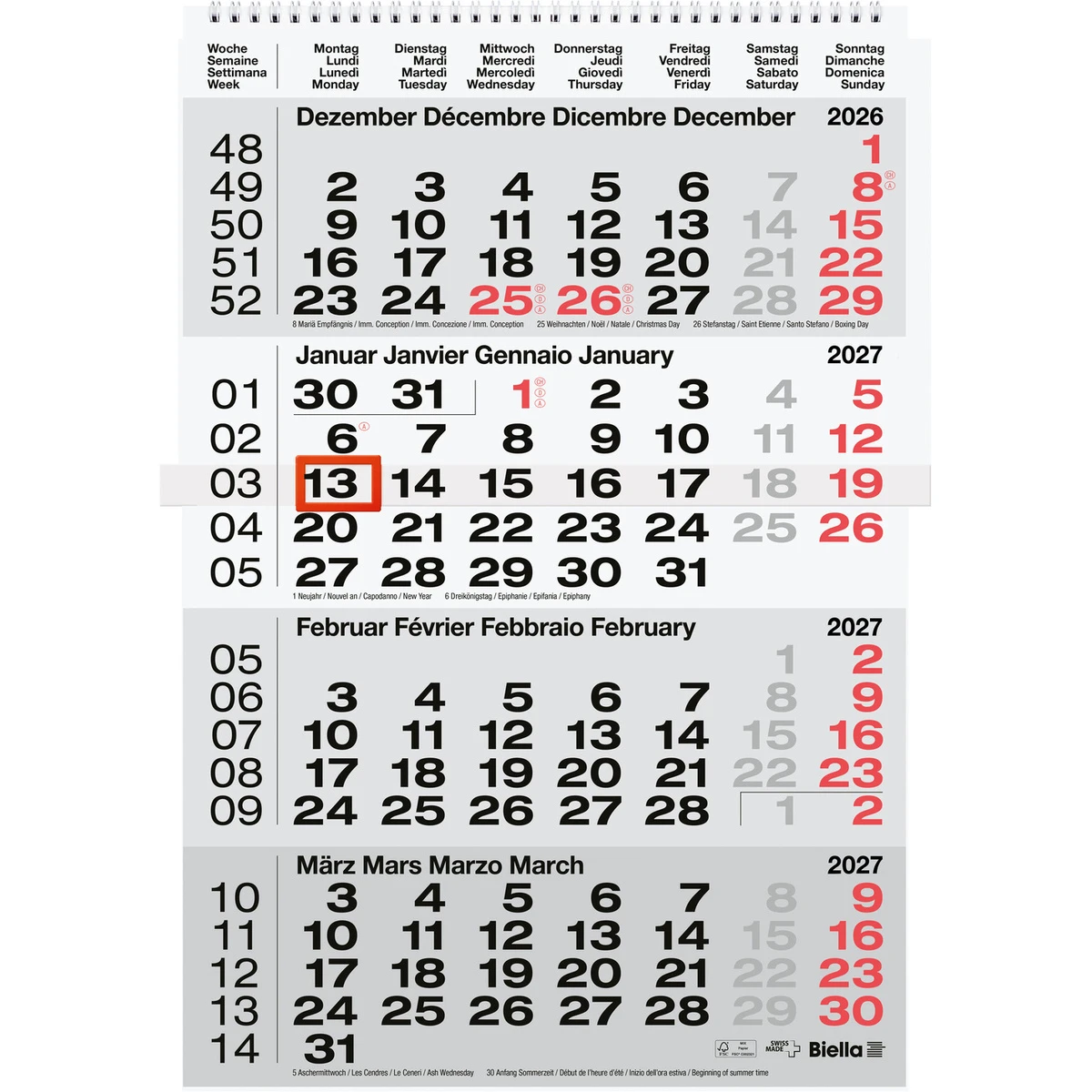 BIELLA 4 Monatskalender Wire-O - Format: 31 x 40 cm