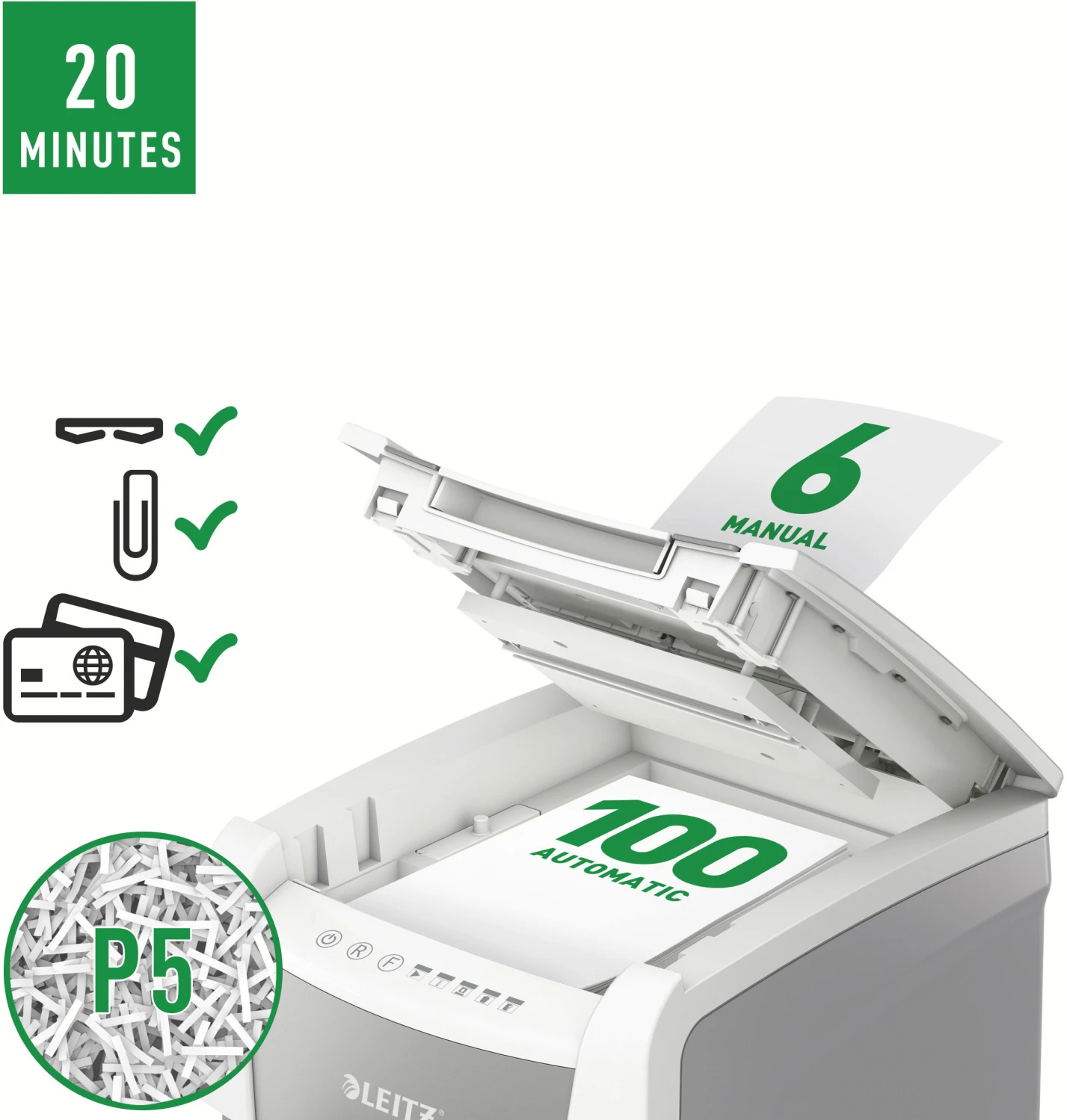 LEITZ Aktenvernichter IQ AF Small Office 100, P-5, 34lt