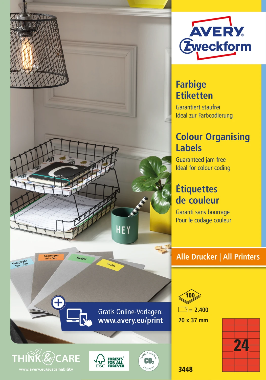 AVERY ZWECKFORM 3448 Etiketten, 70 × 37 mm, 100 Blatt