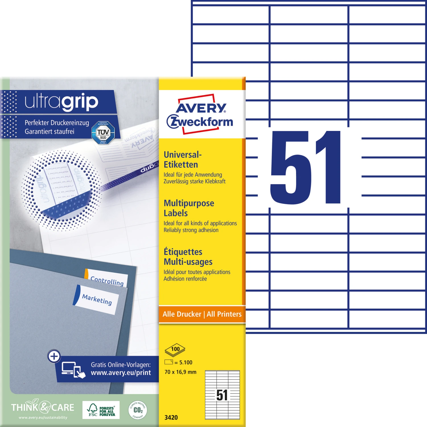 AVERY ZWECKFORM 3420 Etiketten, 70 x 16.9 mm, 100 Blatt