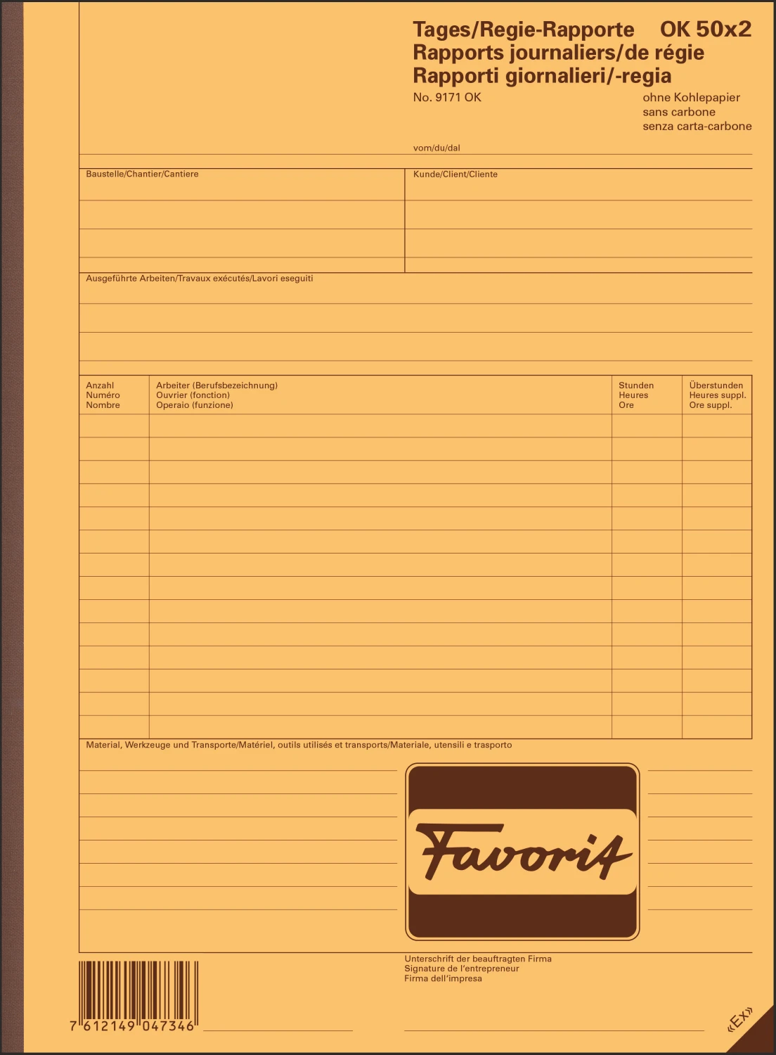 Durchschreibeblock Tages-/Regie-Rapporte Nr. 9171 OK