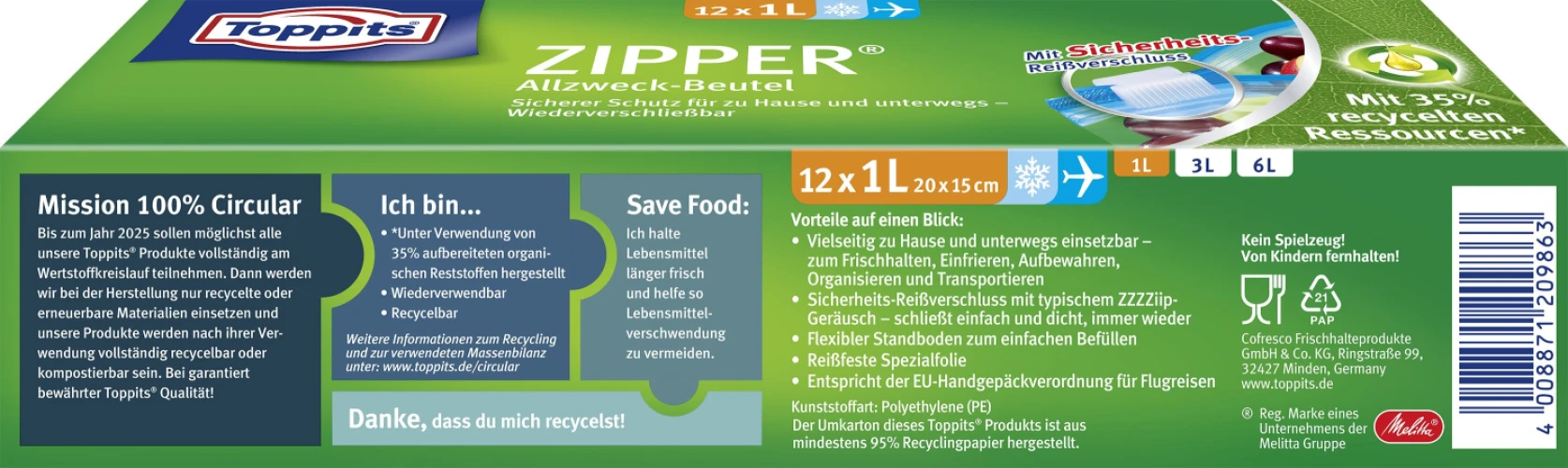 TOPPITS Allzweck-Beutel Zipper 1 L, 12 Stück