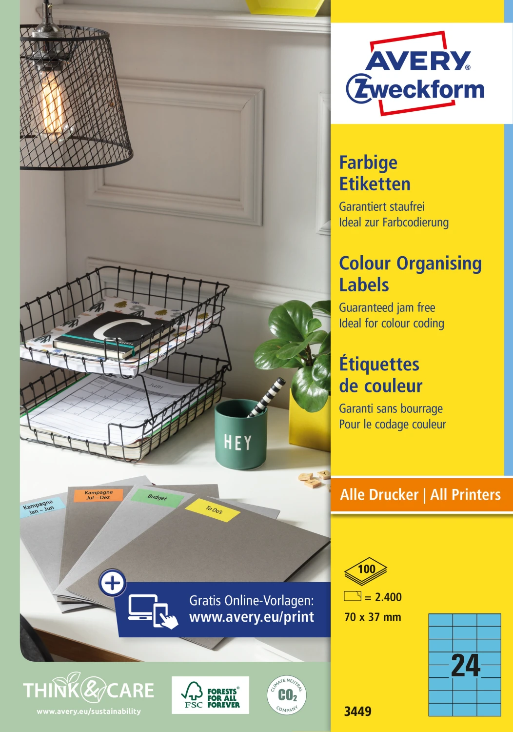AVERY ZWECKFORM 3449 Etiketten, 70 x 37 mm, 100 Blatt