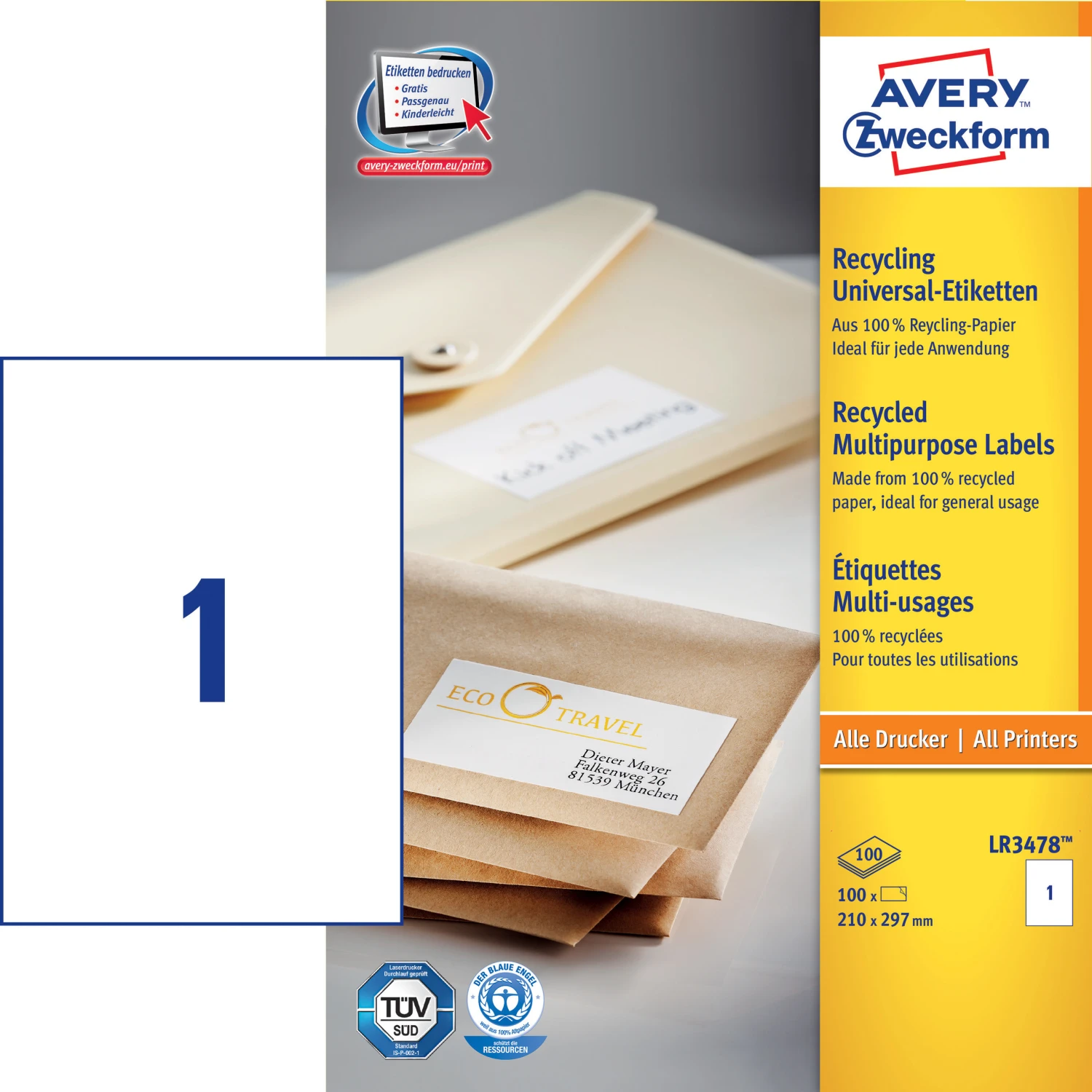 AVERY ZWECKFORM LR3478 Etiketten, 210 x 297 mm, 100 Blatt