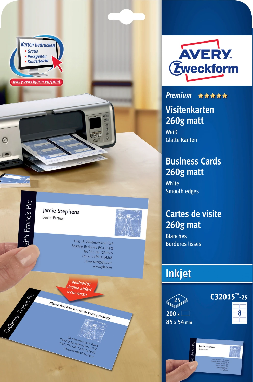 AVERY Zweckform C32015-25 Visitenkarten, 85 x 54 mm, 25 Blatt