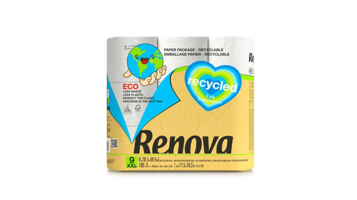 RENOVA WC-Papier XXL Eco Recycled 3-lagig, 9 Rollen