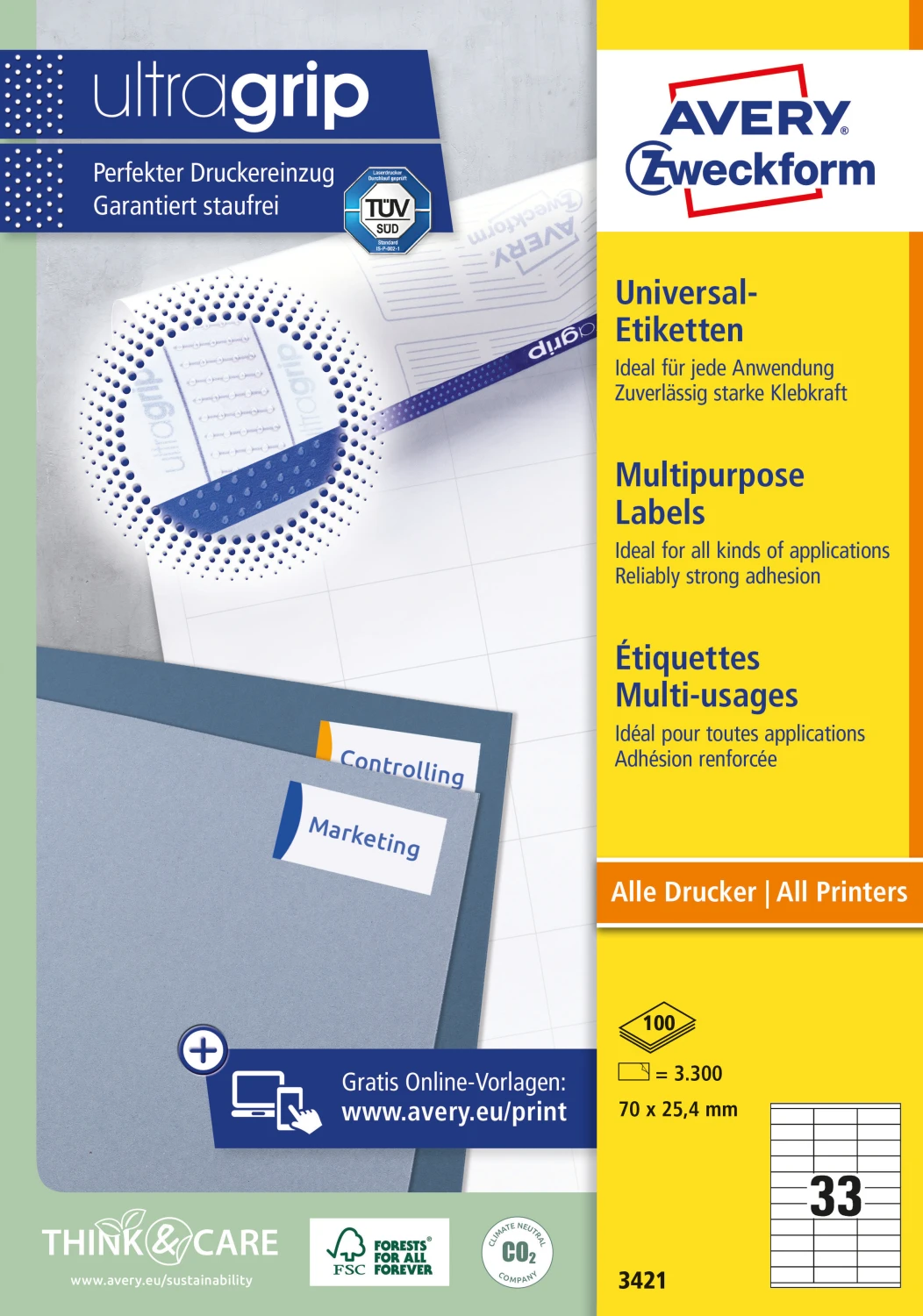 AVERY ZWECKFORM 3421 Etiketten, 70 x 25.4 mm, 100 Blatt