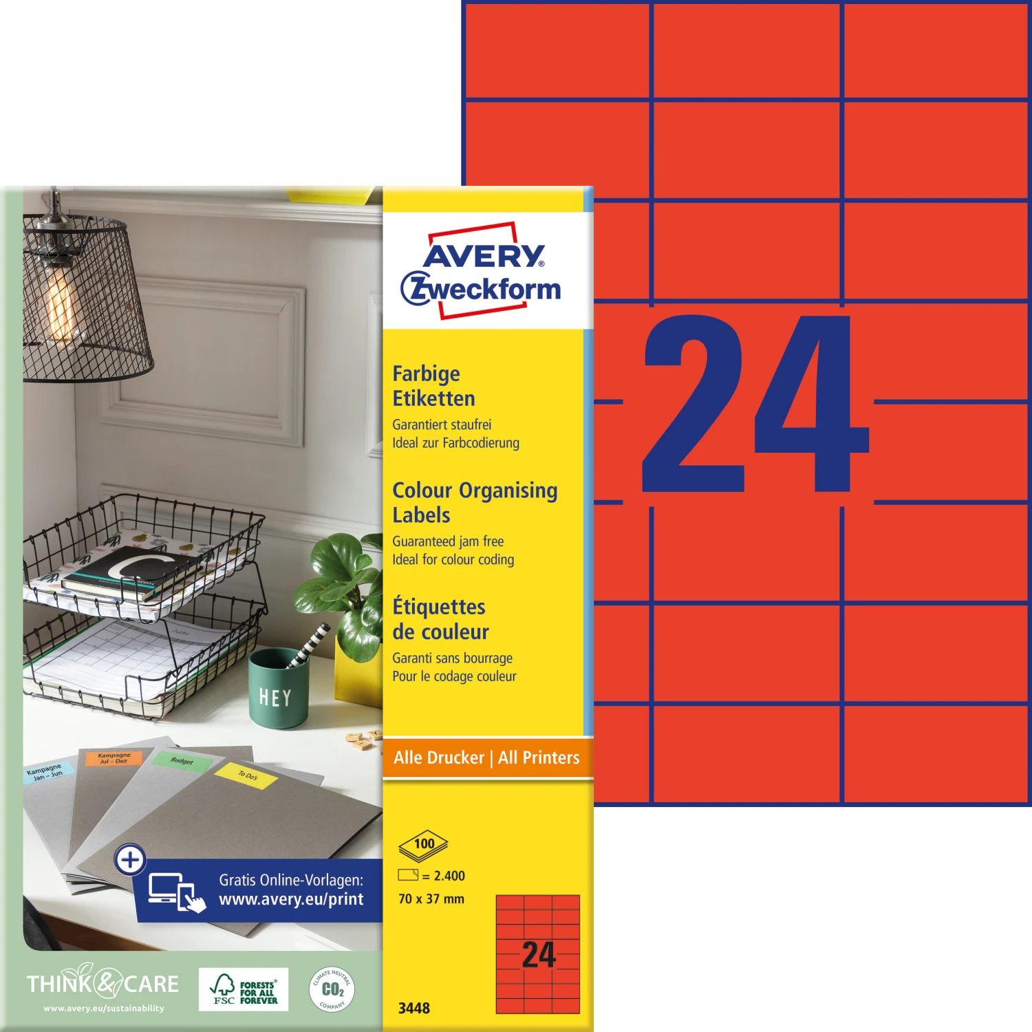 AVERY ZWECKFORM 3448 Etiketten, 70 × 37 mm, 100 Blatt
