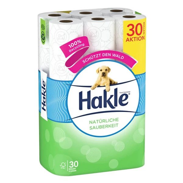 HAKLE WC-Papier Natürliche Sauberkeit 3-lagig, 30 Rollen